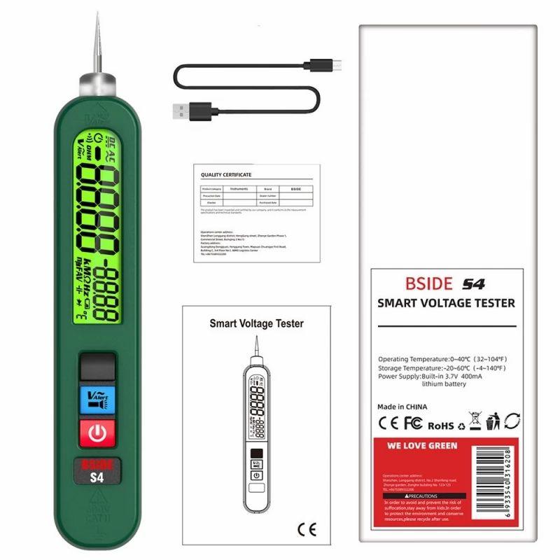 BSIDE S4 Smart Voltage Tester, 12-300V Auto Range, Non-Contact, Zero/Live Wire Detection, LED Flashlight, LCD Display  |   Tools Electronics Green